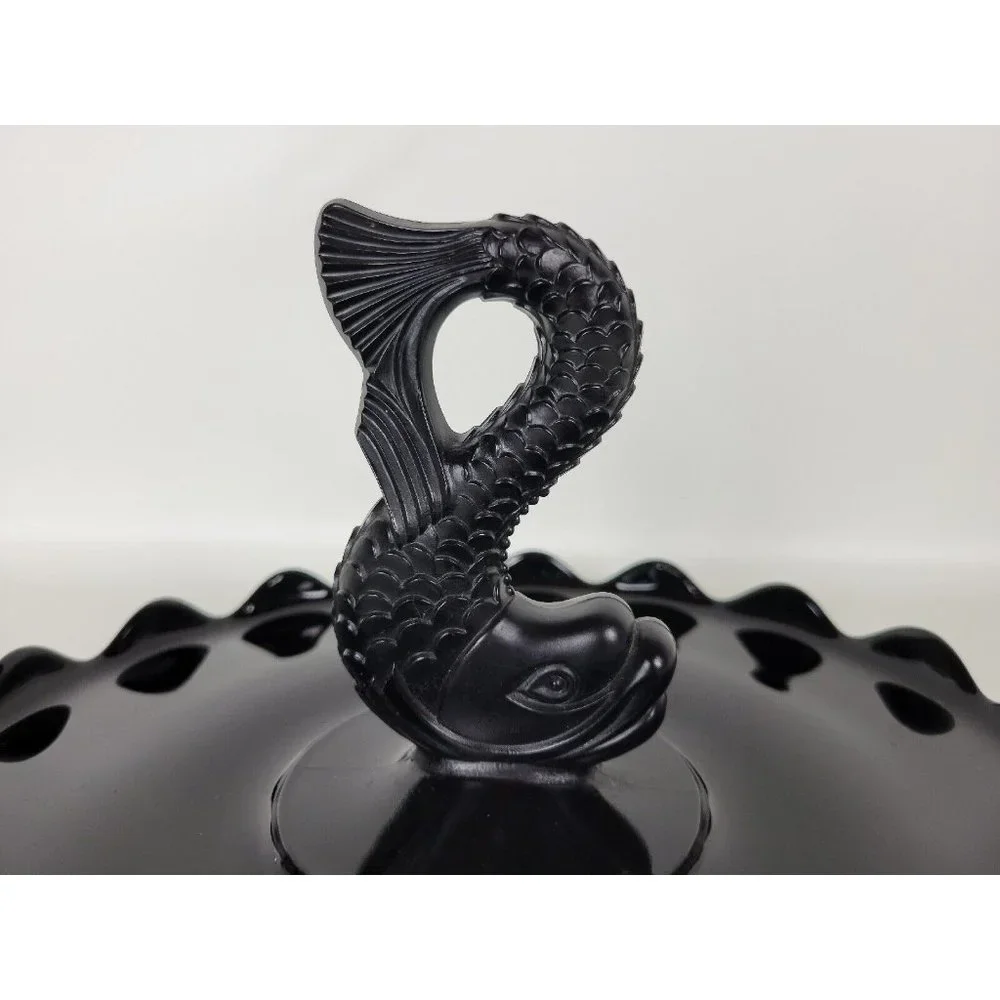 Vintage Viking‎ Glass Black Amethyst Dolphin Fish Serving Tray Platter 11